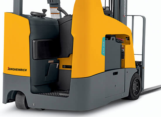 Bottom half rear view of Jungheinrich stand-up counterbalanced lift truck