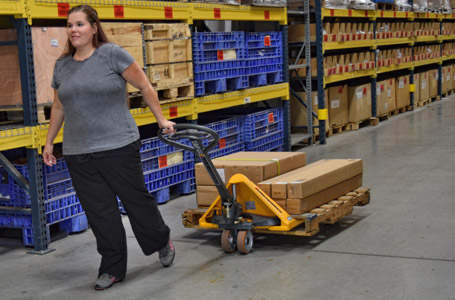 Woman Pulling Merchandise on a Jungheinrich Hand Pallet Jack